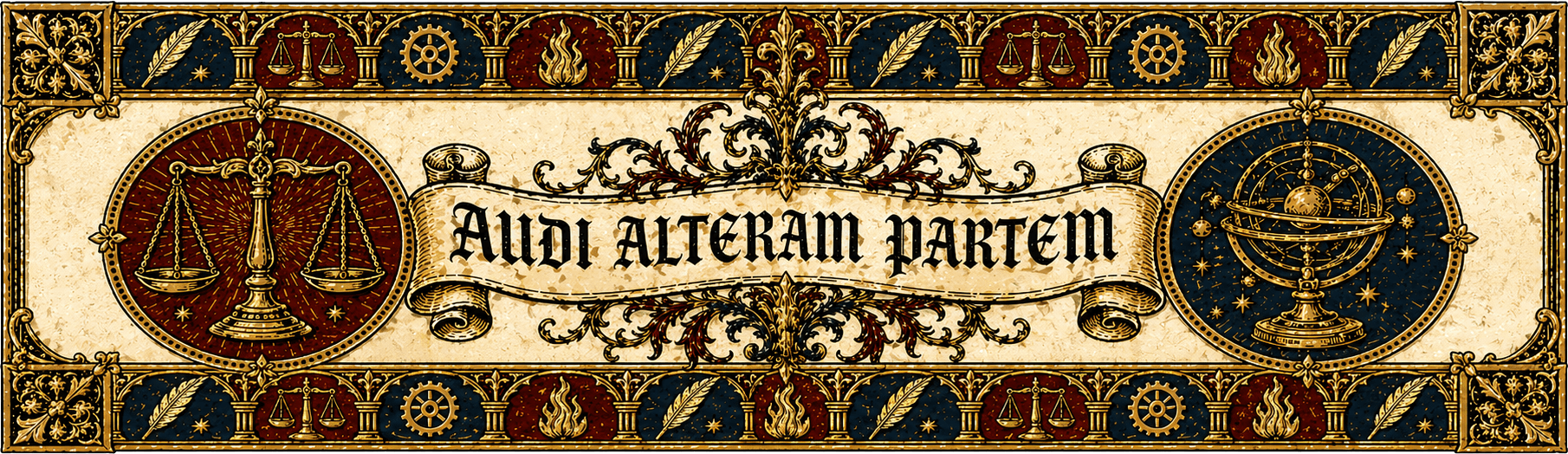 Audi Alteram Partem — engraved banner with scales of justice and an armillary sphere