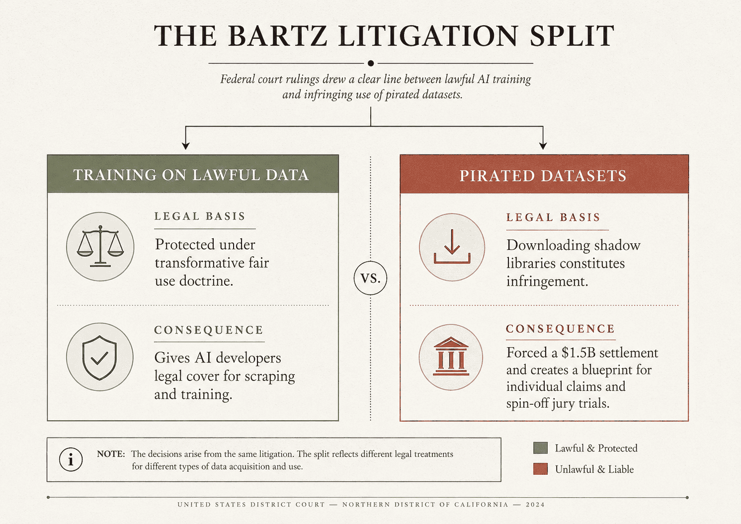 The Bartz Litigation Split — federal court rulings drew a clear line between lawful AI training and infringing use of pirated datasets