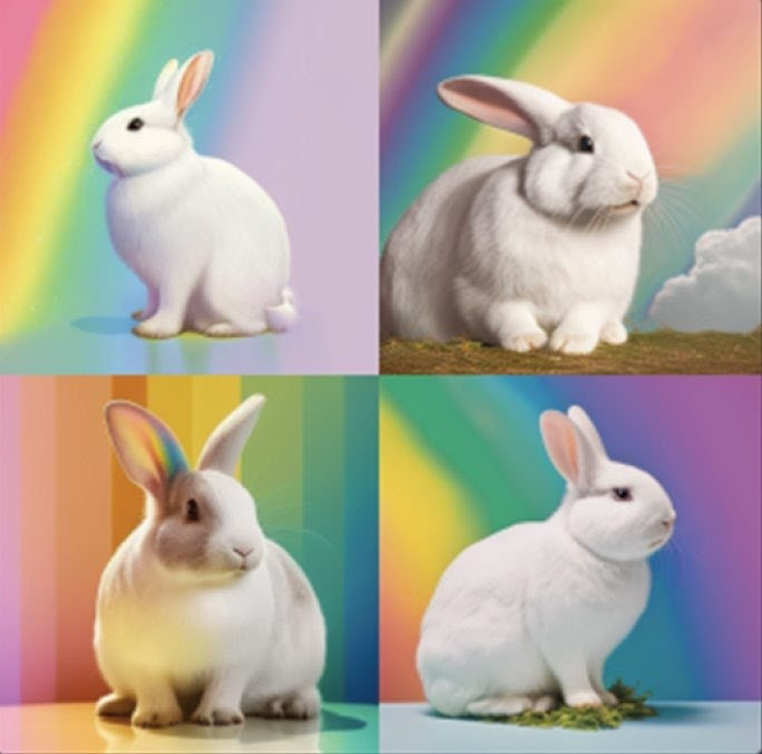 Four Midjourney outputs from a single prompt: white bunny with low ears, rainbow background, love, cute, happy