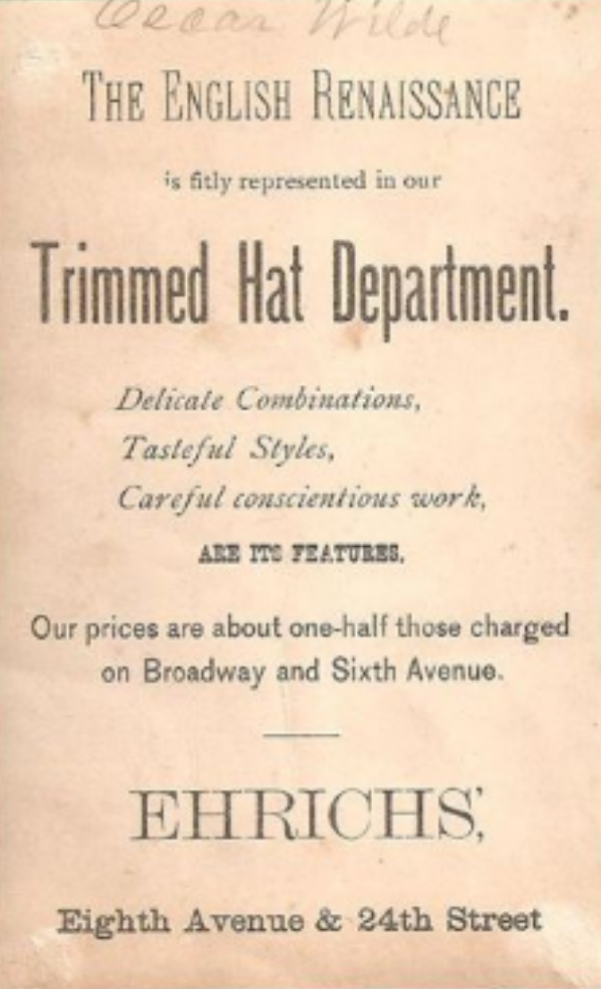 Ehrich Bros. Trimmed Hat Department trade card