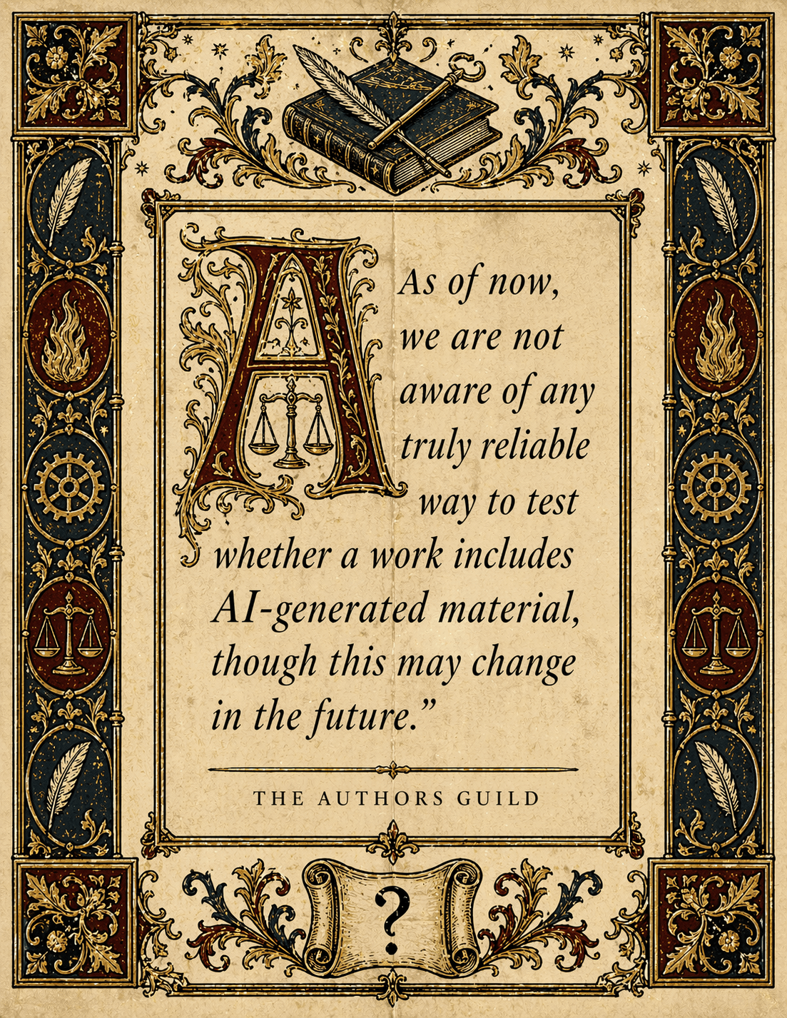 The Authors Guild — As of now, we are not aware of any truly reliable way to test whether a work includes AI-generated material, though this may change in the future.