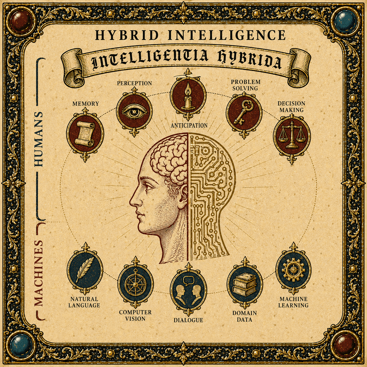 Intelligentia Hybrida — illuminated plate pairing human and machine faculties around a bisected head