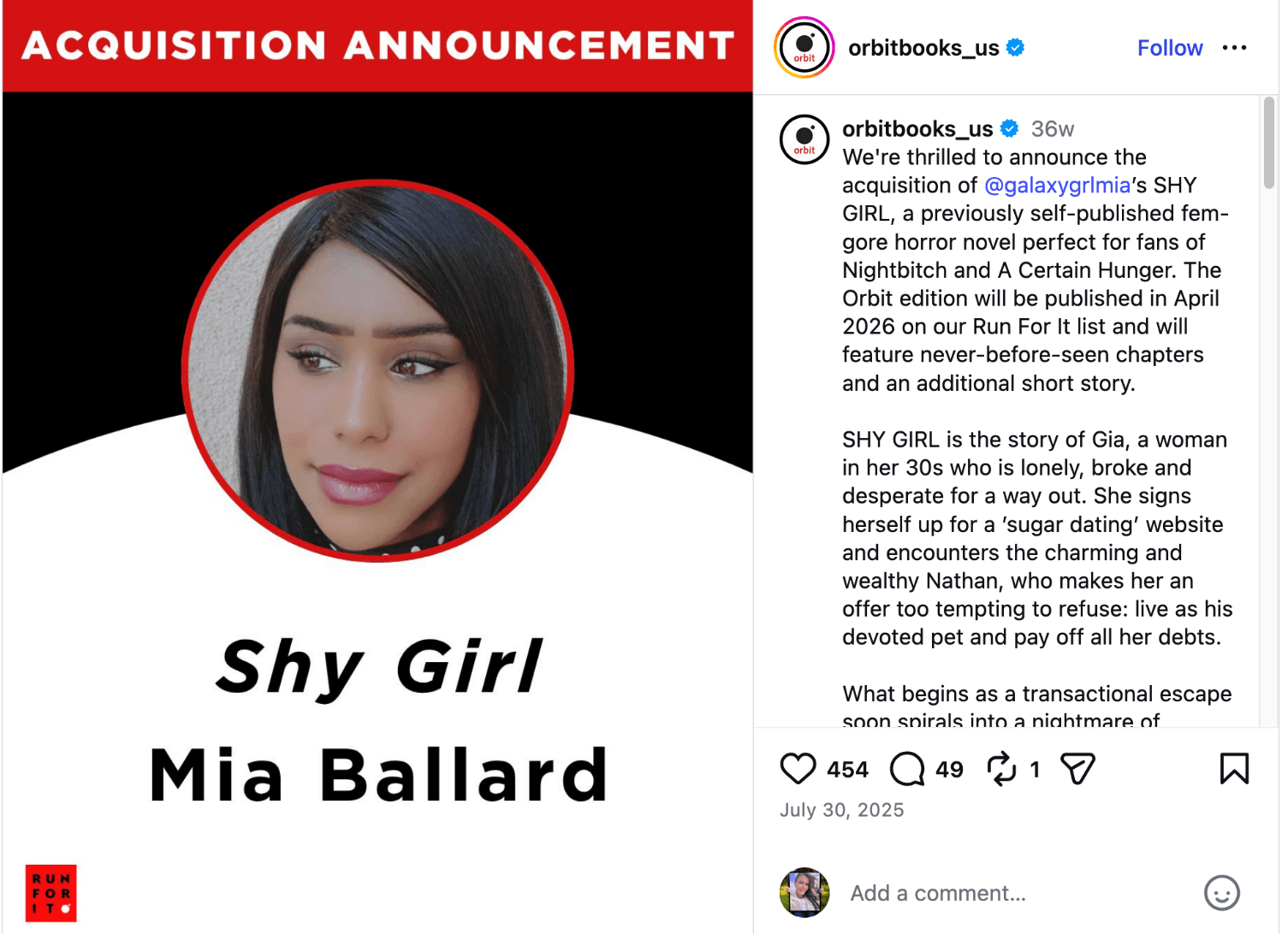 Orbit Books acquisition announcement on Instagram