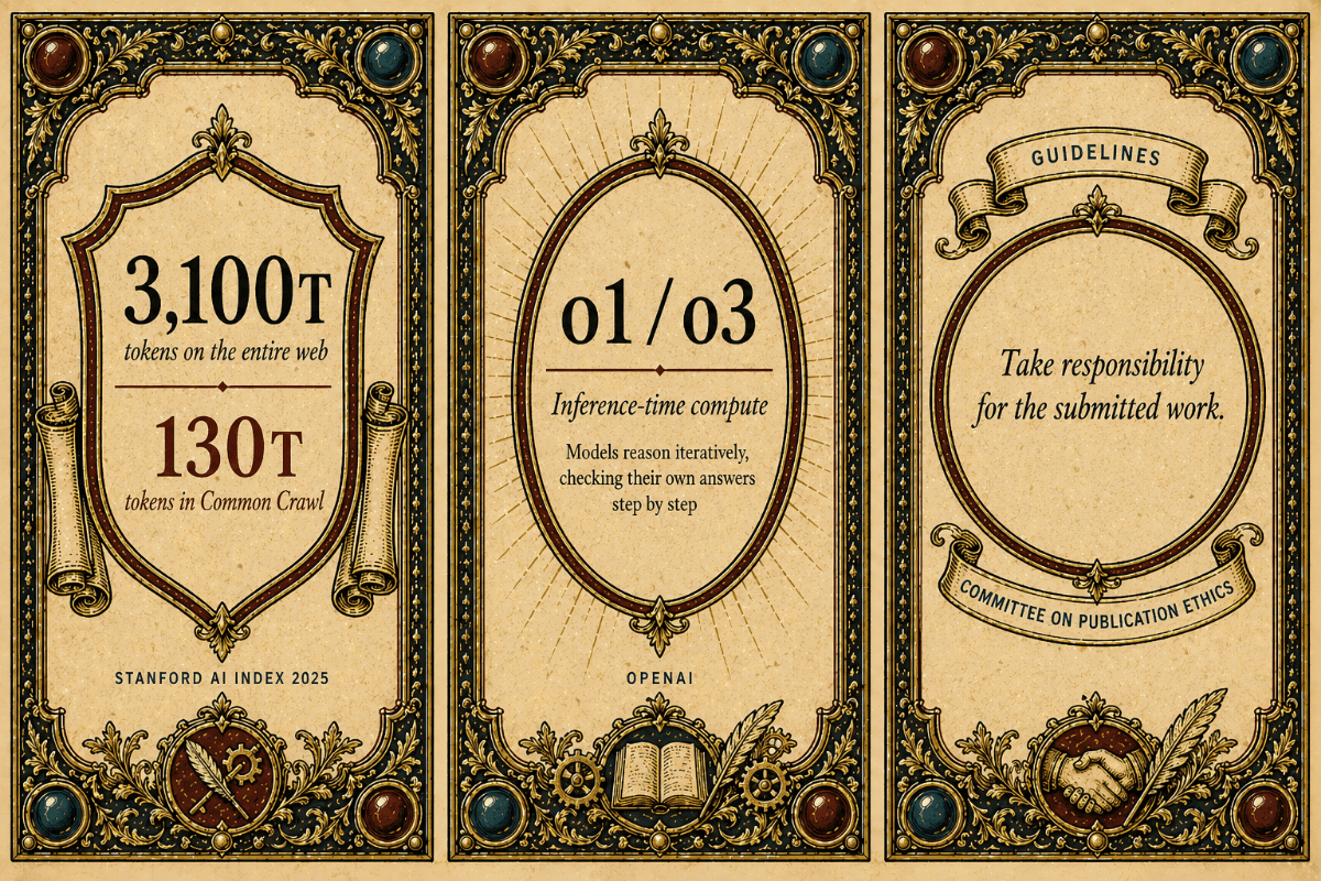 Three illustrated cartouches — Claim I: 3,100T tokens on the entire web vs. 130T tokens in Common Crawl (Stanford AI Index 2025); Claim II: o1 / o3 inference-time compute, models reason iteratively (OpenAI); Claim III: take responsibility for the submitted work — Committee on Publication Ethics