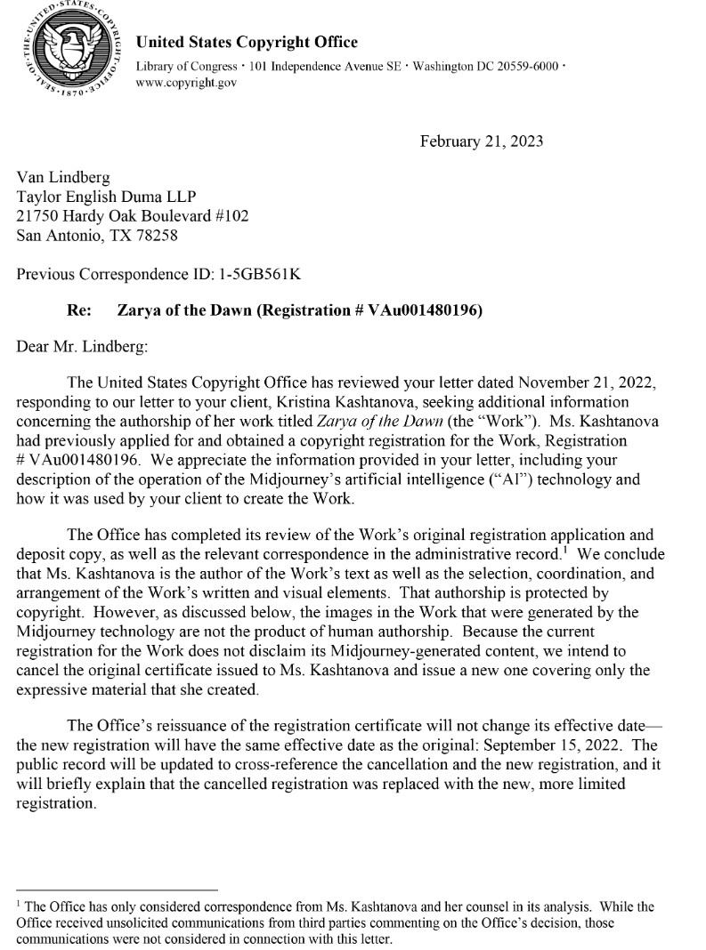 U.S. Copyright Office letter to Kashtanova's counsel, February 21, 2023, regarding Zarya of the Dawn